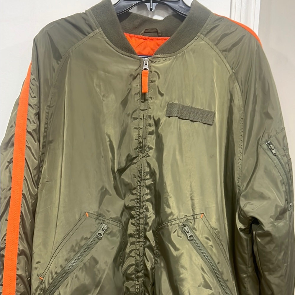 Olive Green Bomber Jacket with Orange Accents